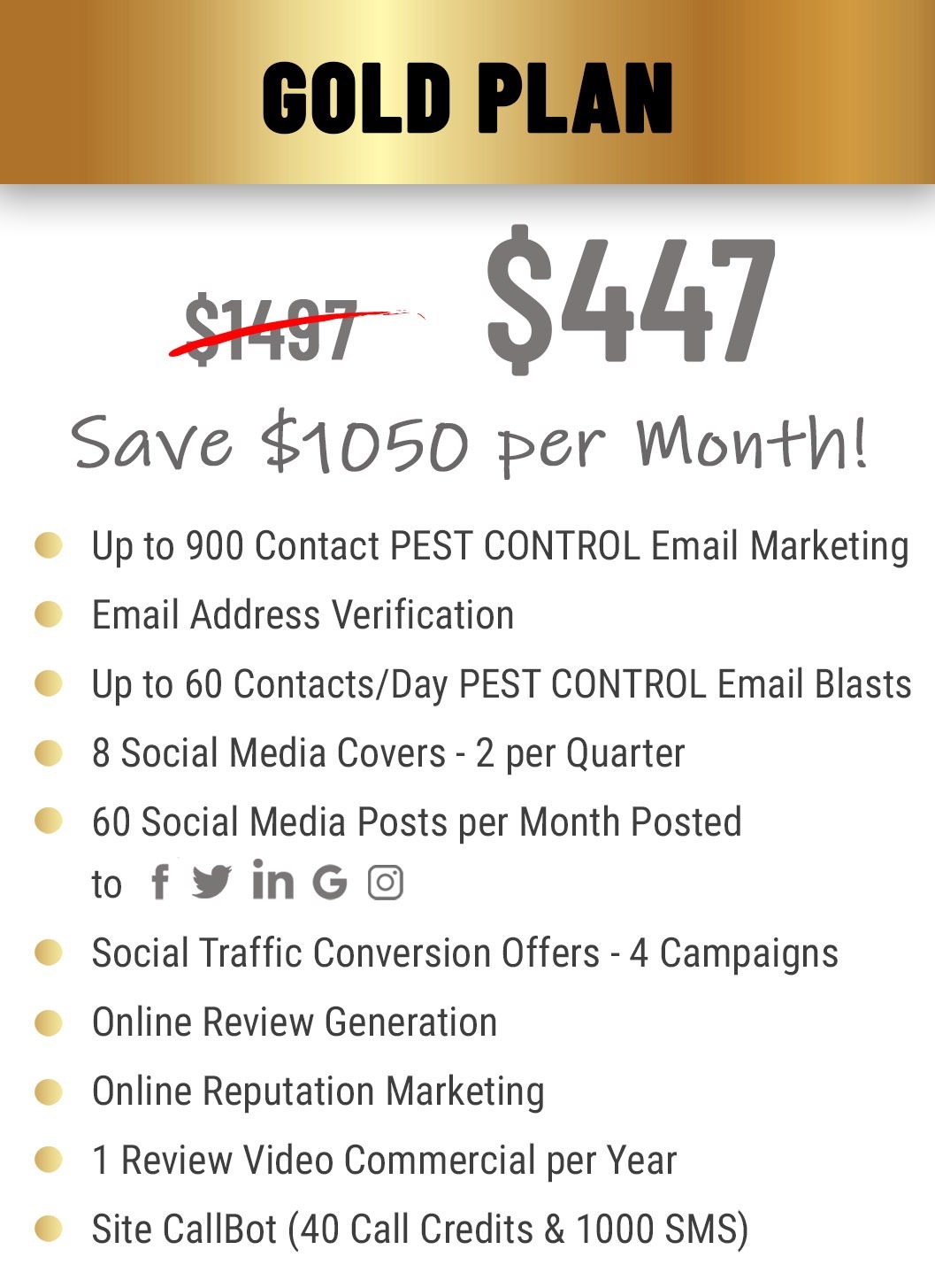 gold plan $447 per month pricing and features for pest control companies.