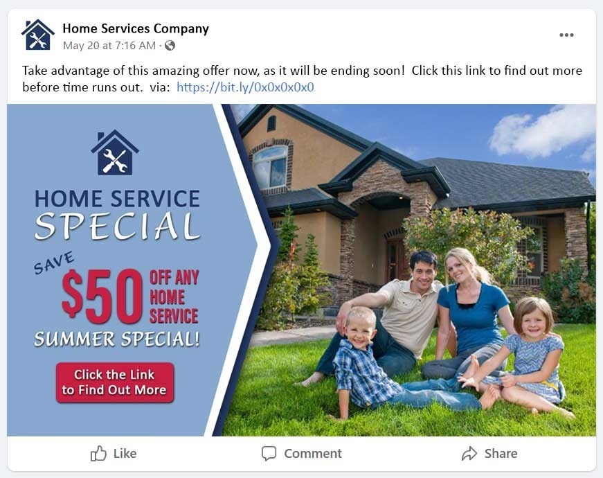 social offer post, $50 off any home service. 