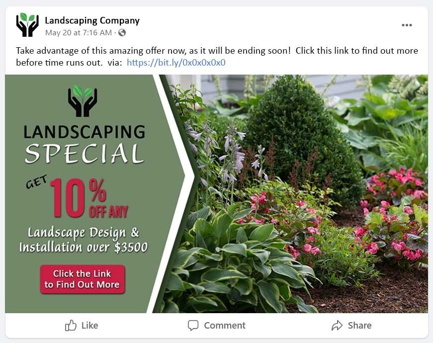 social offer post, 10% off any landscaping project over $3500.