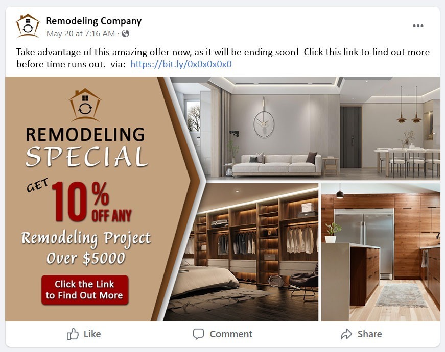 social offer post, 10% off remodeling project over $5000 