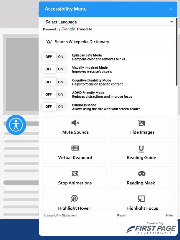 ADA accessibility popup widget, showing some features, for solar website.