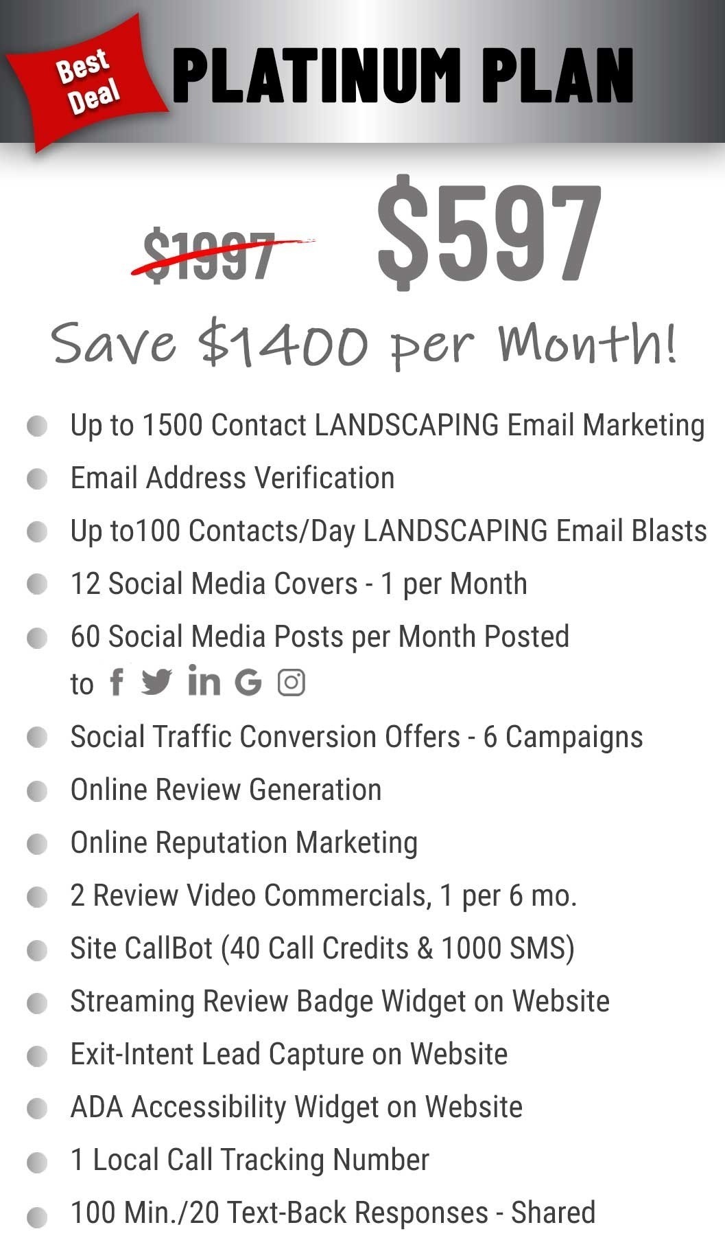 platinum plan $597 per month pricing and features for landscaping contractors.