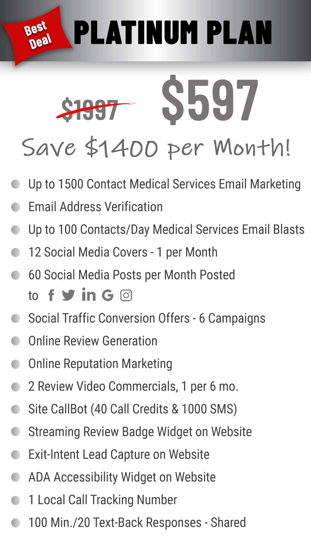 platinum plan $597 per month pricing and features for medical services.