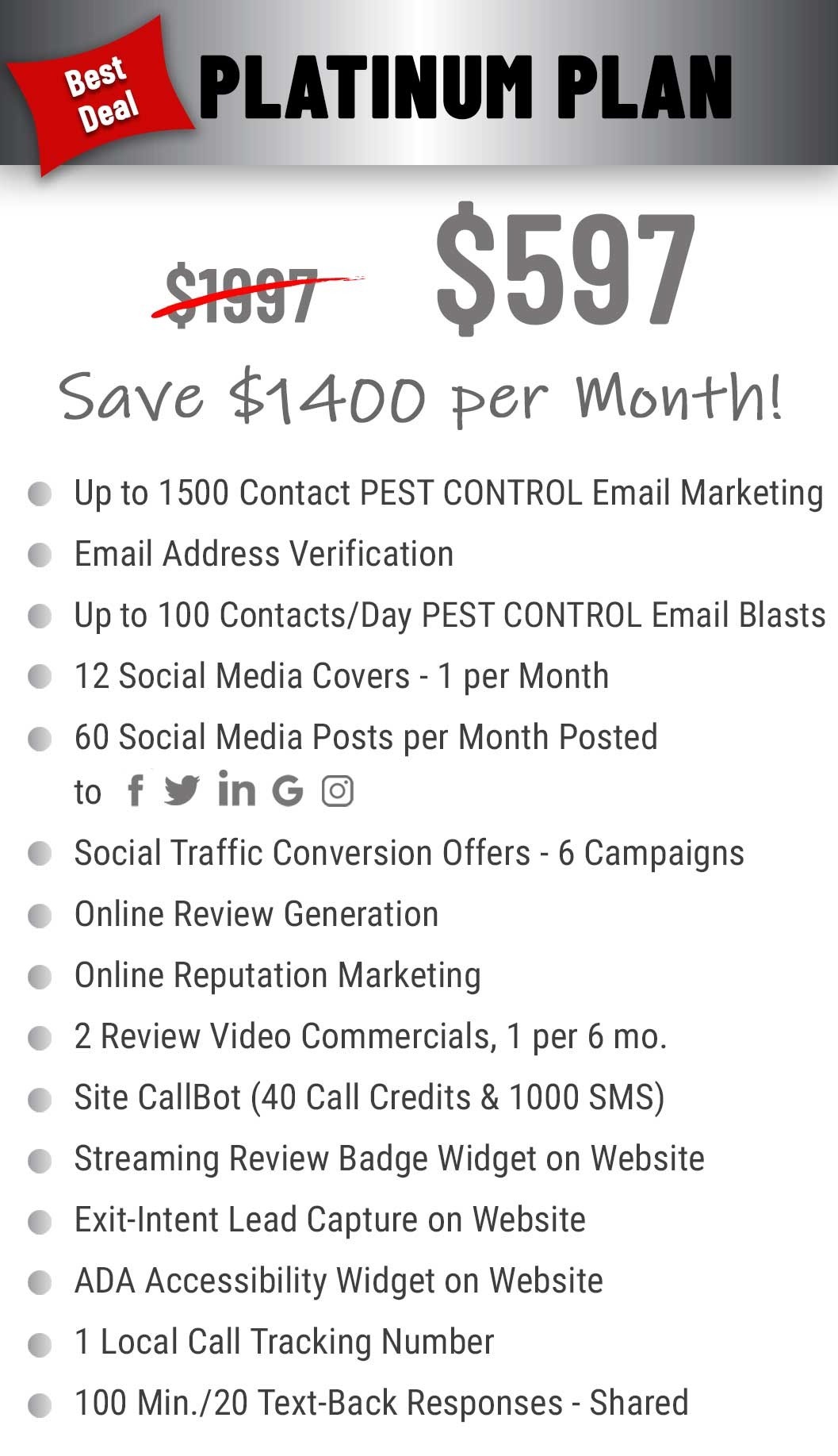platinum plan $597 per month pricing and features for pest control companies.