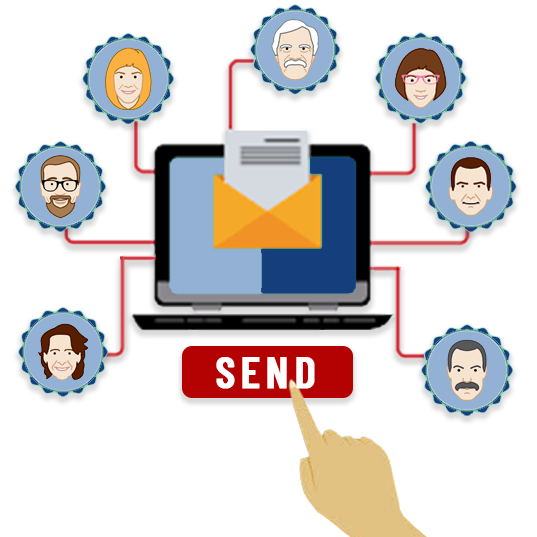 finger clicking on red button to send an email broadcast to roofing customers.