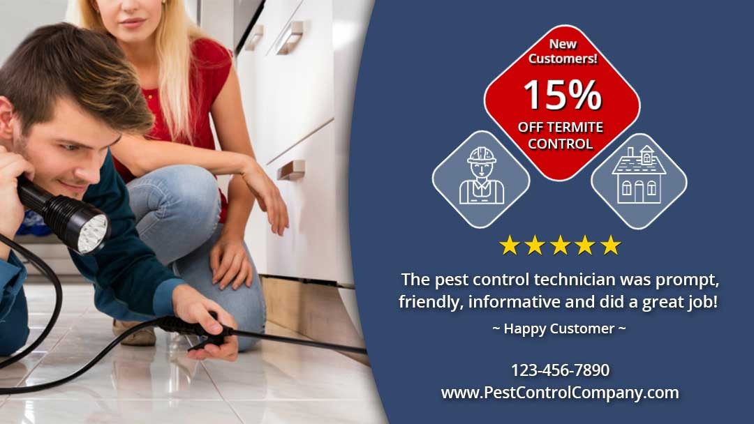 pest control social media cover with 15% off termite control and a 5 star customer review.