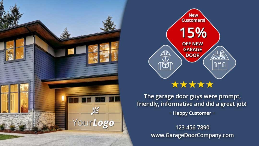 garage door social media cover with 15% off new garage door offer and a 5 star customer review.