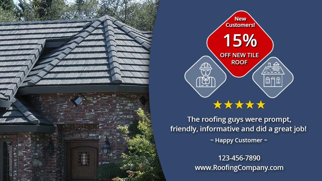 Roofing social media cover with 15% off new tile roof offer and a 5 star customer review.
