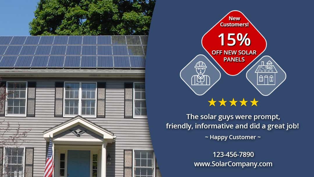 solar social media cover with 15% discount offer and a 5 star customer review.
