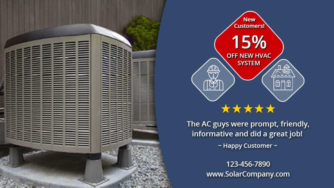 HVAC social media cover with 15% off new HVAC system offer and a 5 star customer review.
