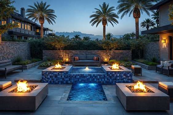 Modern water features in Utah with blue tiles and fire pits.