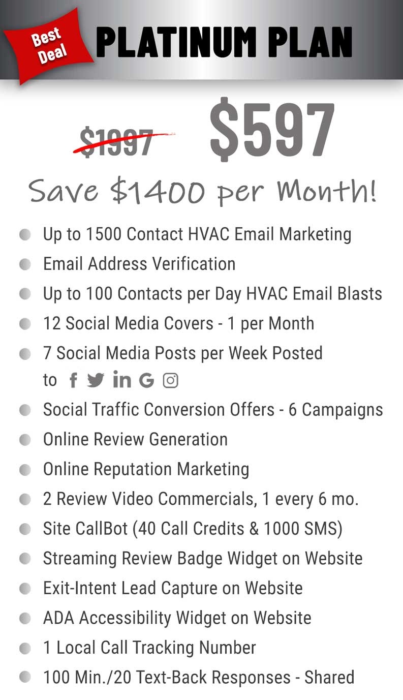 platinum plan $597 per month pricing and features for HVAC companies.