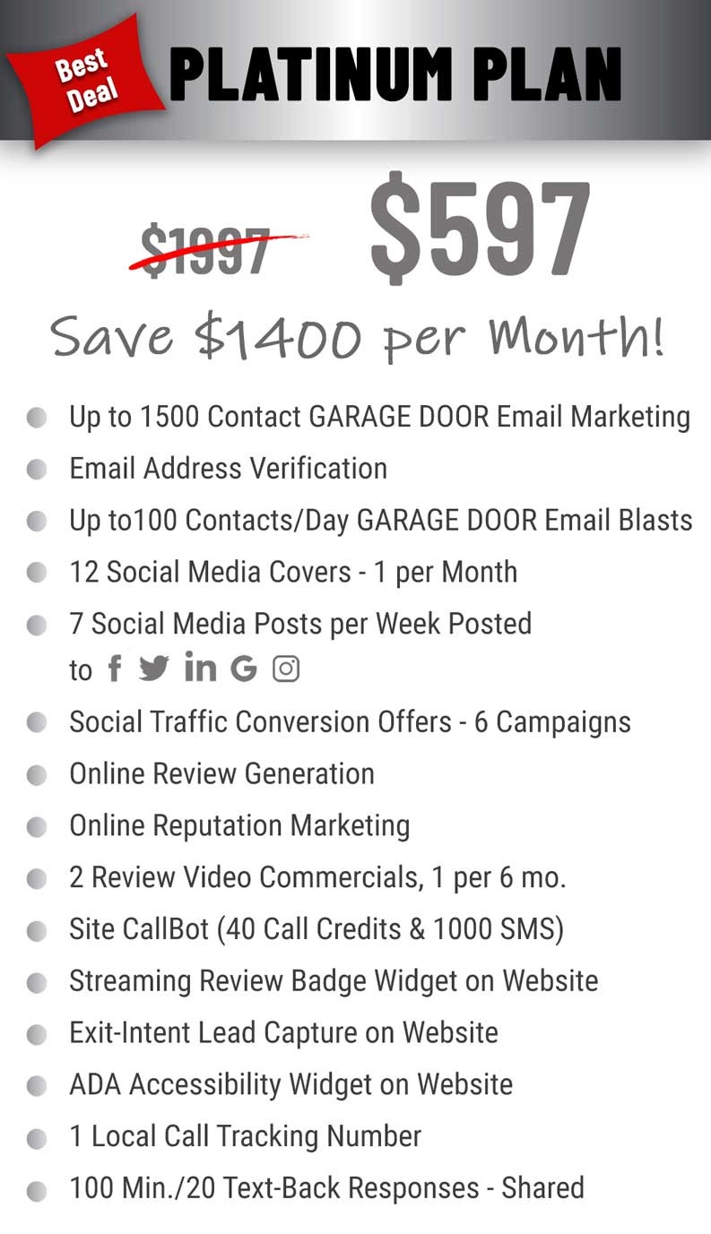 platinum plan $597 per month pricing and features for garage door companies.