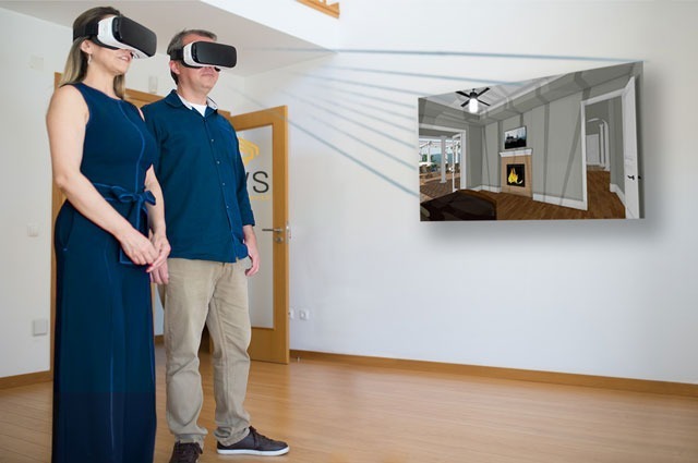couple wearing virtual reality headsets viewing design build walk-through of new home construction las vegas by gvs design build