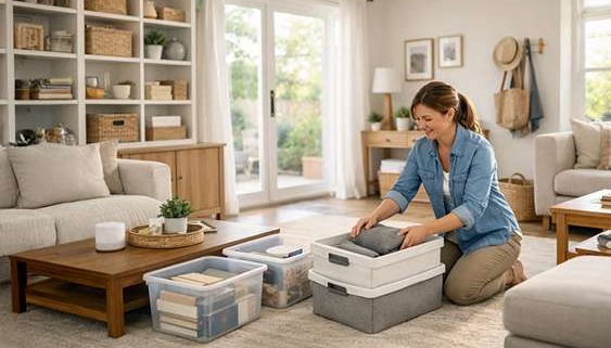 Homeowner organizing a clean modern living room with storage bins and shelving in bright natural daylight.