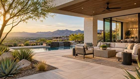 Modern patio design at a Las Vegas home with shaded outdoor seating, contemporary pavers, desert landscaping, and mountain view