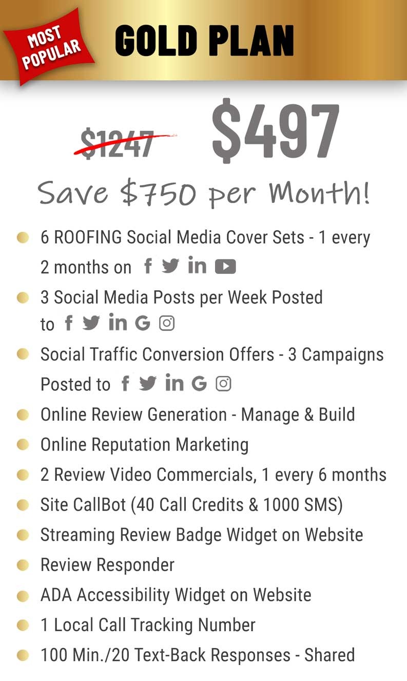 gold plan $497 per month pricing and features for roofing companies.