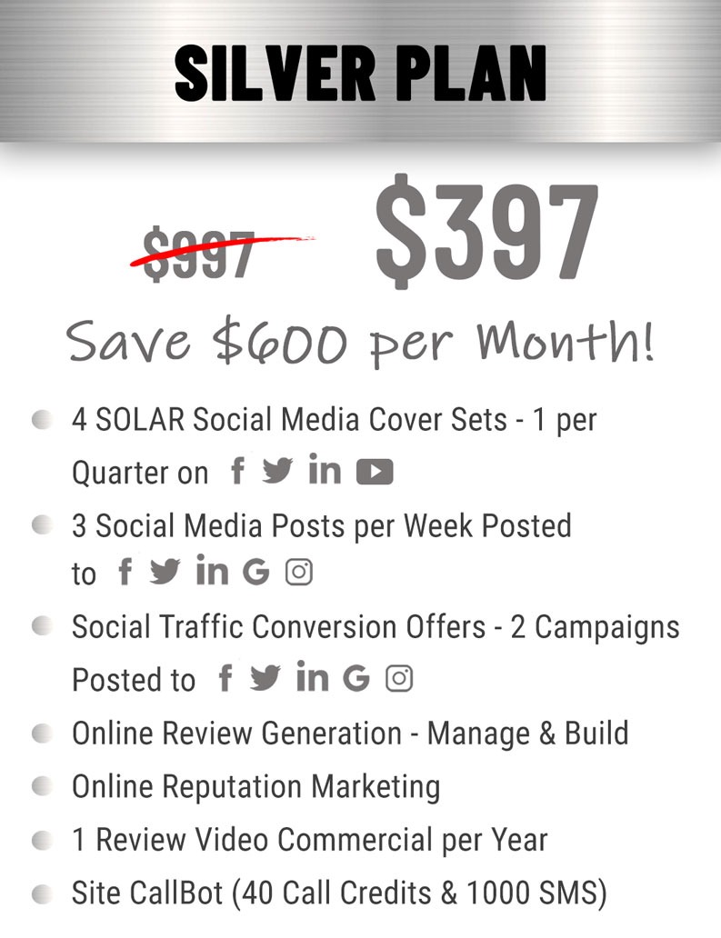 silver plan $397 per month pricing and features for solar companies.