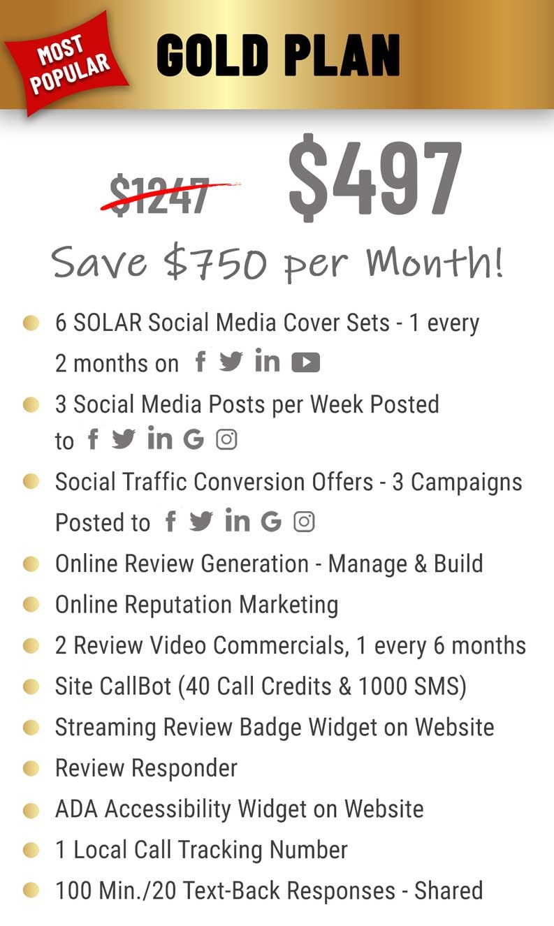 gold plan $497 per month pricing and features for solar companies.