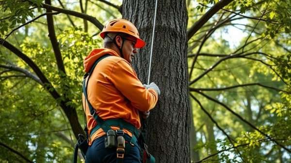 Arborist climbing a tree, highlighting DIY tree pruning dangers