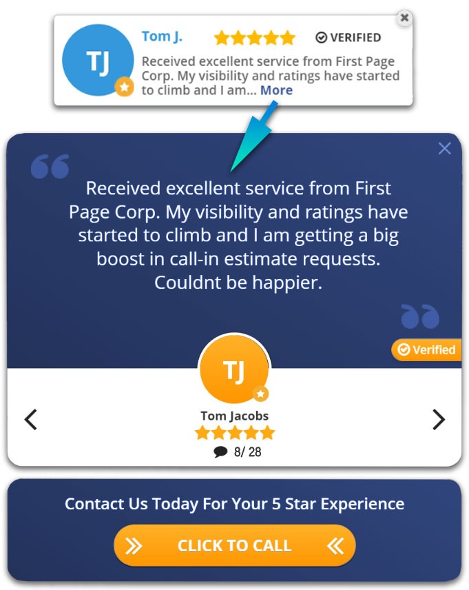 five star customer review popup widget for home services website.