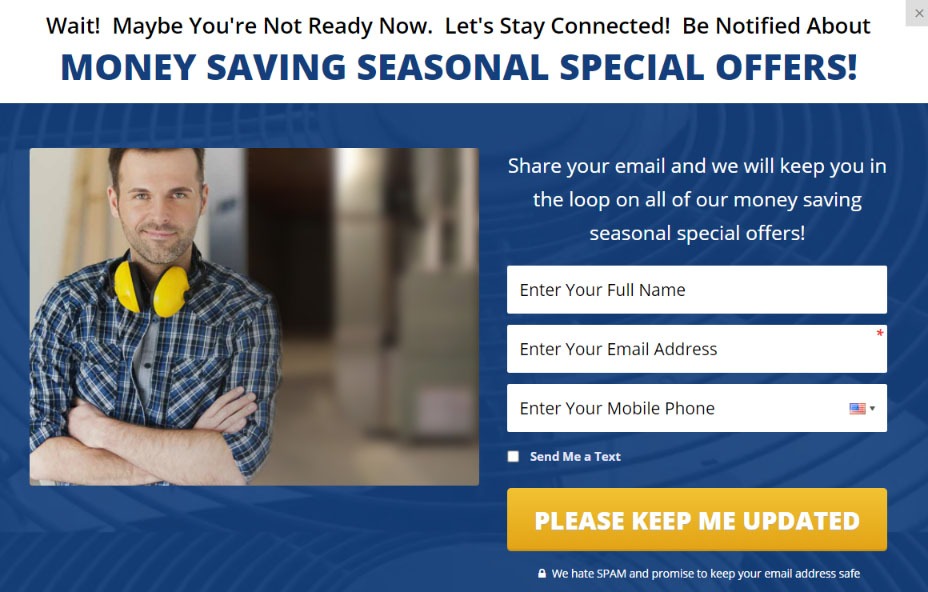 exit popup form on HVAC services website.