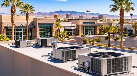 Las Vegas commercial plaza with rooftop HVAC units on flat roof surrounded by desert landscaping and palm trees