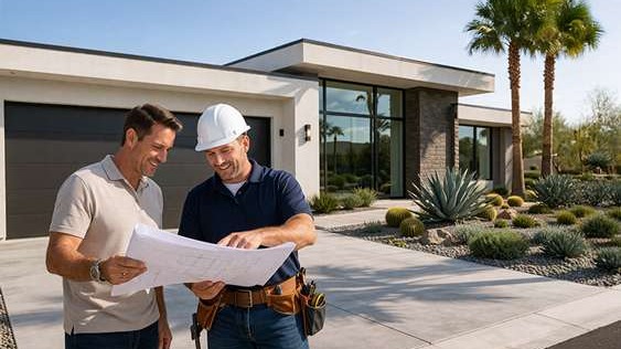 Contractor and homeowner looking over plans of remodeling project in front of Las Vegas residential home with desert landscaping