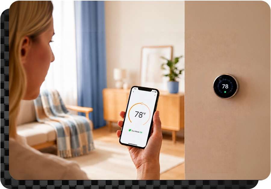 woman programming newly installed smart thermostat with cell phone for home comfort 