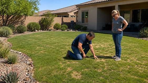 Homeowners inspecting brown patches in a backyard lawn at a desert-style Las Vegas home.