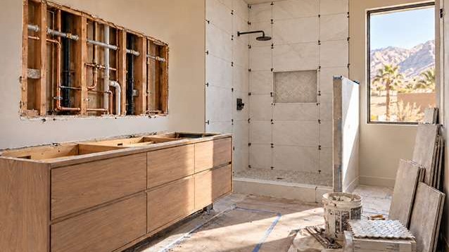 Bathroom remodel in Las Vegas with exposed plumbing, unfinished vanity, and shower tile installation in progress