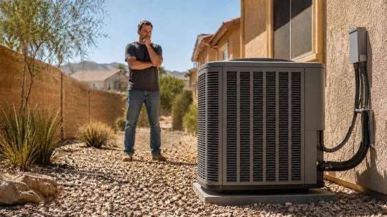 Worried Las Vegas homeowner looking at outdoor AC condenser during extreme desert heat