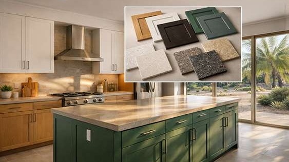 Las Vegas kitchen engineered stone countertops, forest green island cabinets, desert sunlight through large windows, and inset showing cabinet, countertop material samples