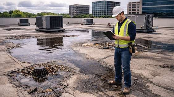 Roofing contractor inspecting standing water and damage on a flat commercial rooftop with a clipboard in hand.