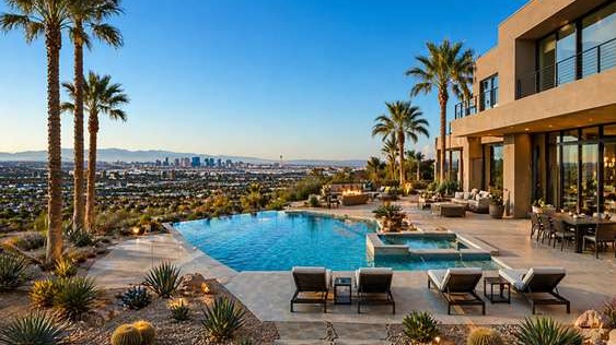 Modern Las Vegas custom home backyard with large swimming pool, desert landscaping, palm trees, and city skyline view