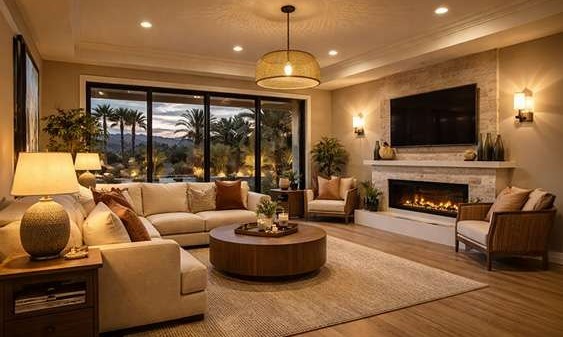 Modern Las Vegas living room with layered lighting, table lamps, ceiling lights, and desert landscaping visible through large windows