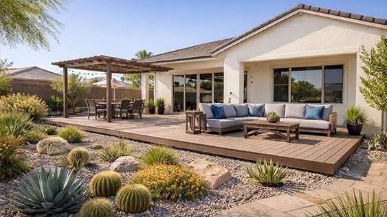 Las Vegas home modern backyard with desert landscaping and deck designed for extreme heat and low maintenance