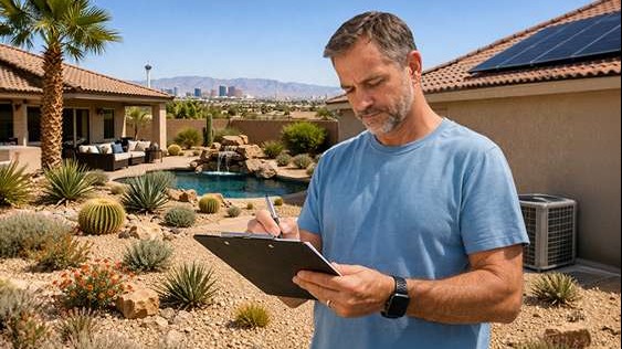 Las Vegas homeowner inspecting his property with a clipboard in a desert-landscaped backyard, mountain and Las Vegas skyline, evaluating routine home maintenance.