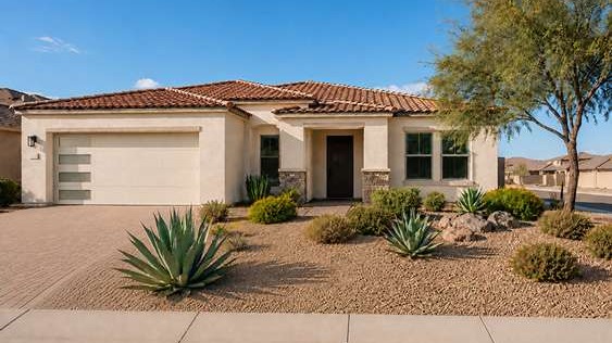 Low maintenance Las Vegs home with desert landscaping and durable exterior materials