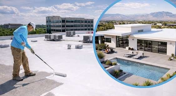 Roofer coating a commercial roof with cool reflective coating with an inset of a Las Vegas home with a cool reflective coated roof.