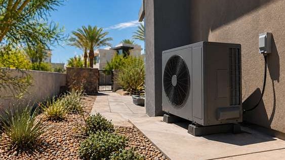 Heat pump on the side of a Las Vegas home with desert landscaping