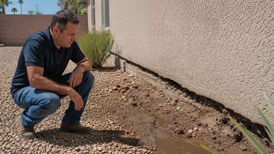 Homeowner kneeling and inspecting water runoff and dry soil pulling away from the exterior foundation of his Las Vegas home.