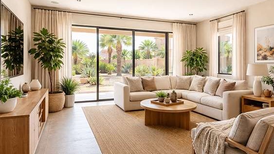 Modern Las Vegas living room interior with large, shaded windows, soft natural light, desert landscaping outside, and indoor plants