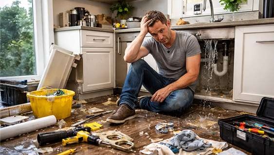 Frustrated homeowner sitting on a flooded kitchen floor after a DIY plumbing repair gone wrong, with water leaking from under the sink and tools scattered around.