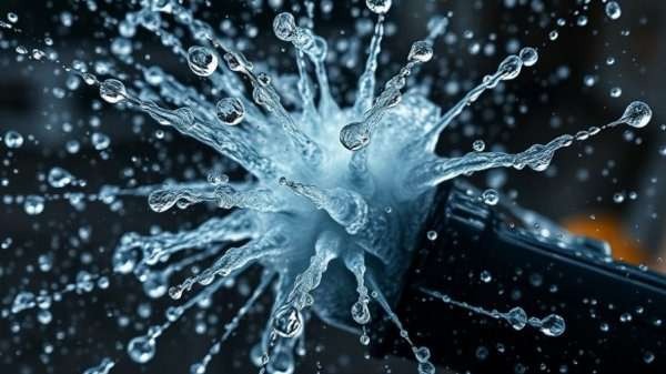 Burst water pipe spraying water in Las Vegas home, close-up view.