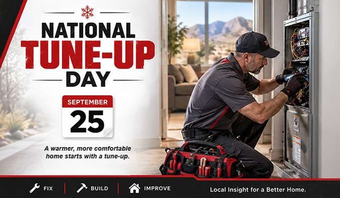 HVAC technician performing a heating system tune-up for National Tune-Up Day on September 25 at a Las Vegas home
