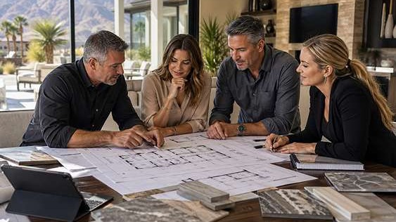 Las Vegas homeowner meeting with custom home building team reviewing architectural plans and material samples