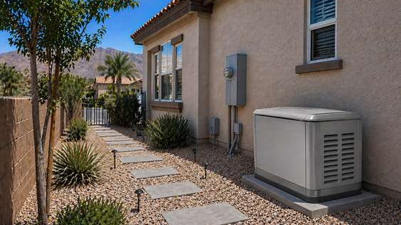 Standby backup generator installed outside a Las Vegas home with desert landscaping