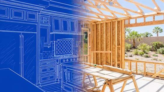 Kitchen renovation concept showing blueprint design transitioning into framed construction with a Las Vegas desert landscaped backyard visible outside.