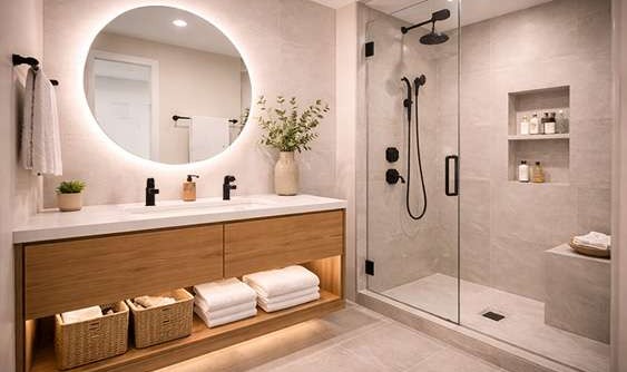 Small modern bathroom with a floating vanity, glass shower, and efficient space-saving design